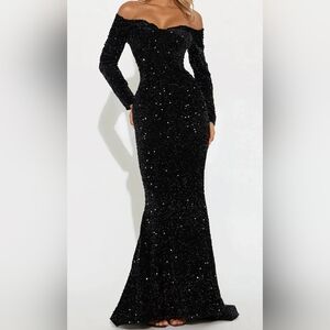 Black Sequin Long Sleeve Evening Gown